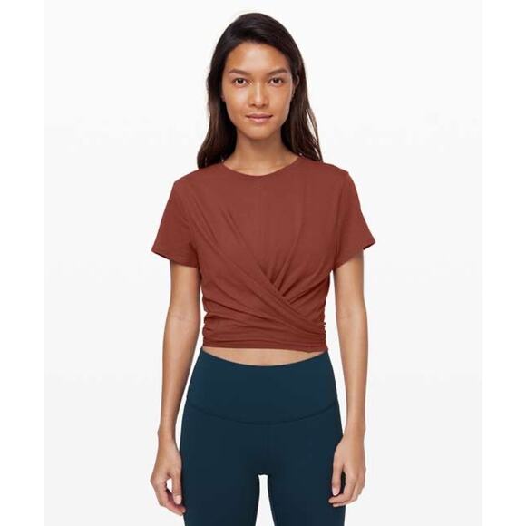 Lululemon Terracotta Pima Cotton Time to Restore Short Sleeve Wrap Shirt Size 8 - Picture 1 of 10